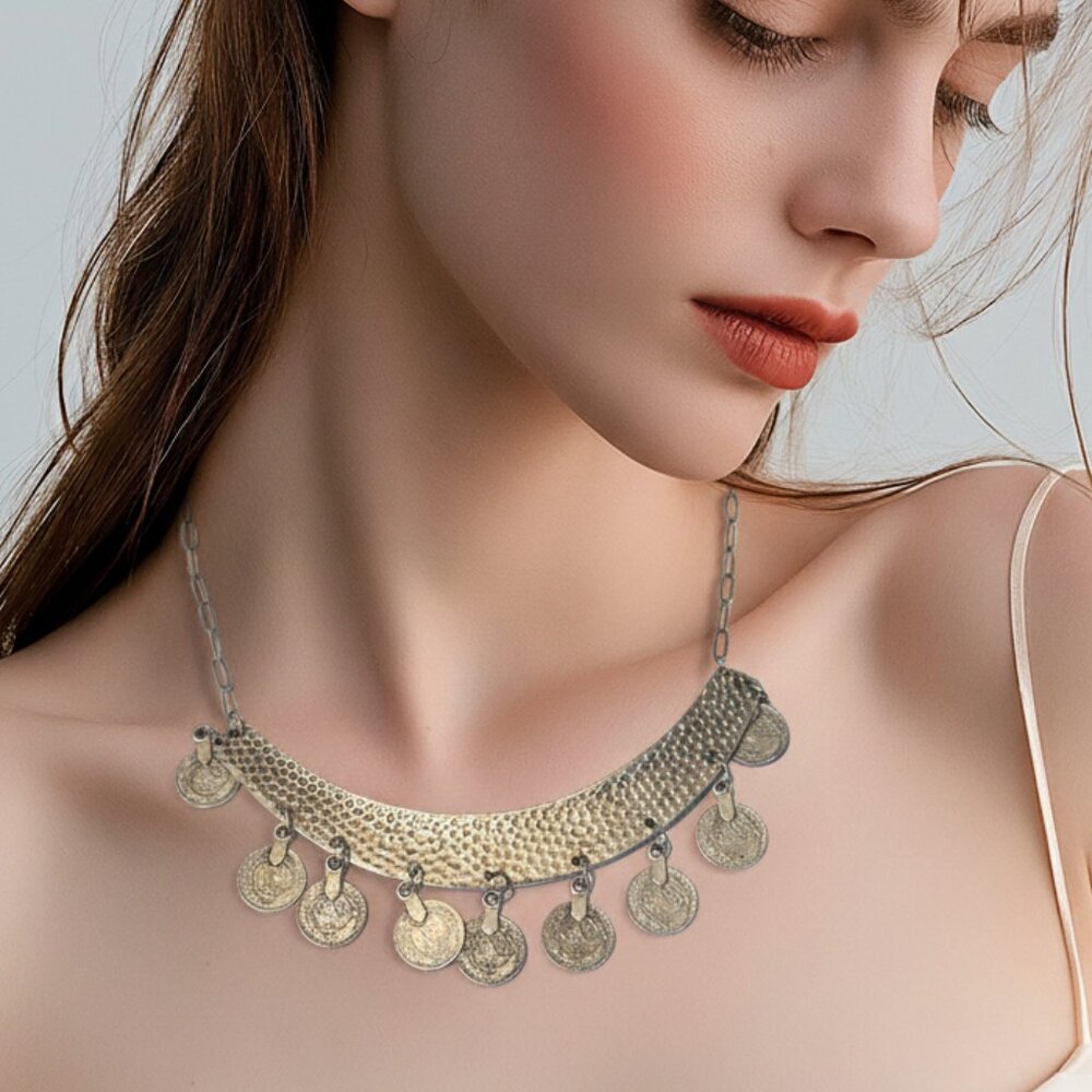 Costume Silver Coins and Puckered Choker Type Necklace -‎ New